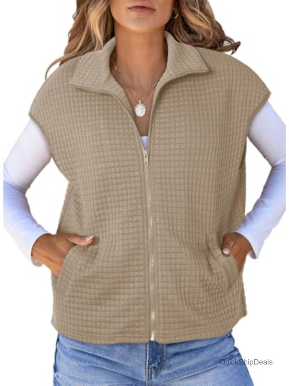 Women's Cap Sleeve Waffle Knit Zip Up Vest - Loose Fit